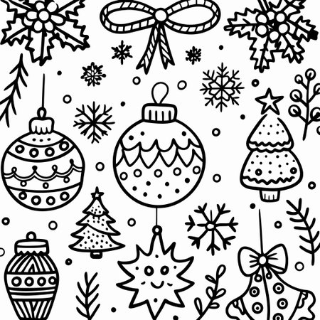 Hand-drawn Christmas ornaments, snowflakes, and bows.の素材