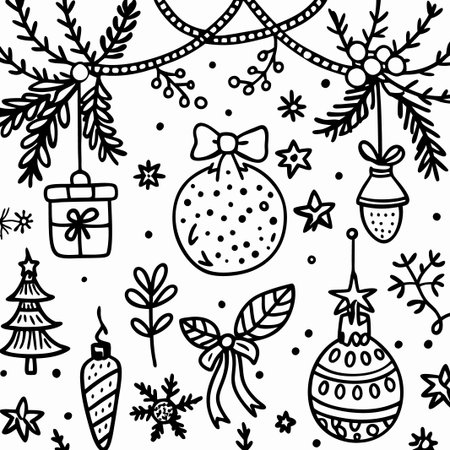 Hand-drawn Christmas ornaments, branches, and snowflakes.の素材