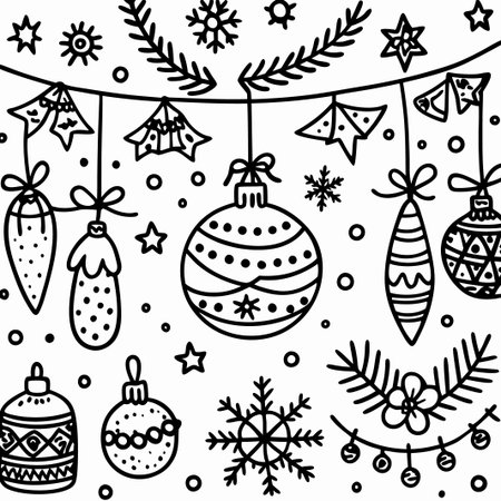 Hand-drawn black and white Christmas ornaments hanging from garland.の素材