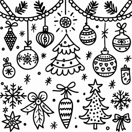 Hand-drawn Christmas ornaments, trees, snowflakes, and garland.の素材