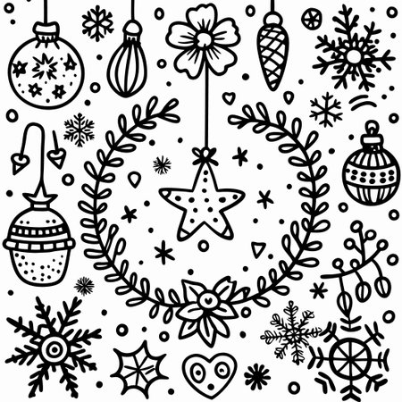 Festive hand-drawn Christmas wreath with ornaments and snowflakes.の素材