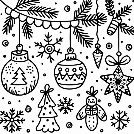 Hand-drawn Christmas ornaments, snowflakes, and pine branches.の素材