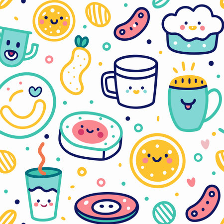 Cute seamless pattern with happy food and drink characters.の素材