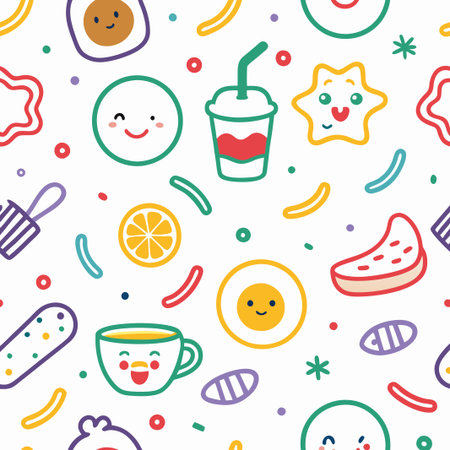 Seamless pattern with cute food and drink illustrations.の素材