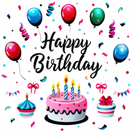 Happy Birthday celebration with cake, balloons, and gifts.の素材