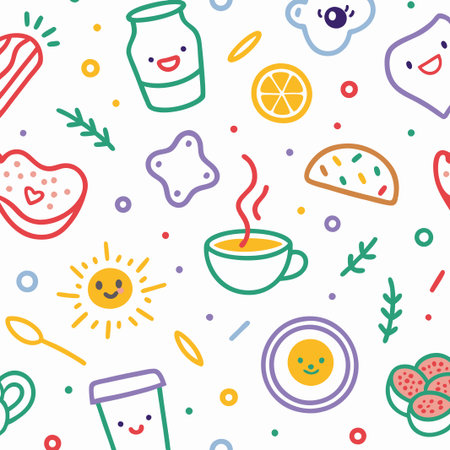 Cheerful breakfast food and drink seamless pattern. (2)の素材