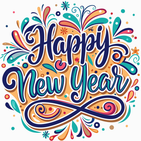 Colorful &quot;Happy New Year&quot; lettering with festive swirls.の素材
