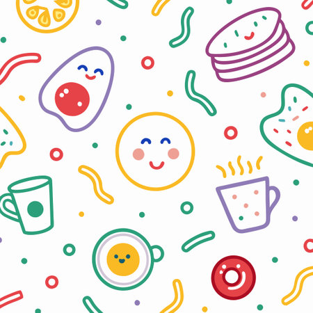 Cheerful breakfast food pattern with cute cartoon characters.の素材