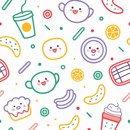 Seamless pattern with cute food and drink illustrations. (1)の素材
