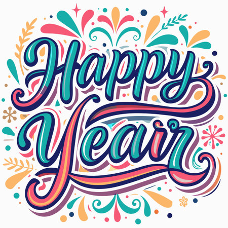 Colorful &quot;Happy Year&quot; lettering with festive design elements.の素材