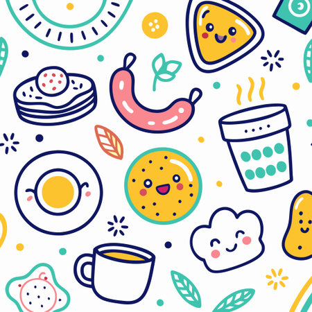Cheerful breakfast food doodle seamless pattern.の素材
