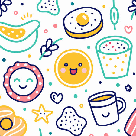 Cheerful breakfast food and floral seamless pattern.の素材