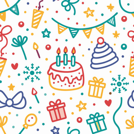 Colorful doodle birthday party seamless pattern. (1)の素材