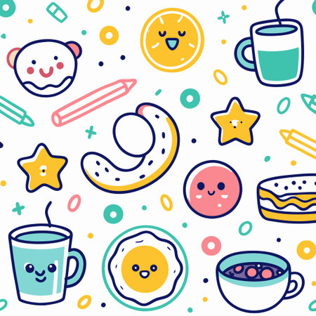 Cute breakfast seamless pattern with happy food and drink characters.の素材