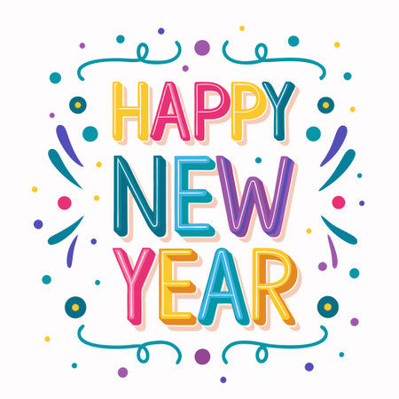 Colorful &quot;Happy New Year&quot; text design with festive confetti.の素材