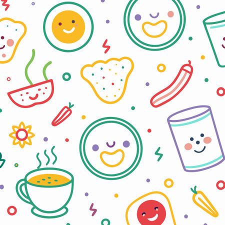 Cheerful food pattern with cute cartoon illustrations of breakfast, lunch, and dinner items.の素材