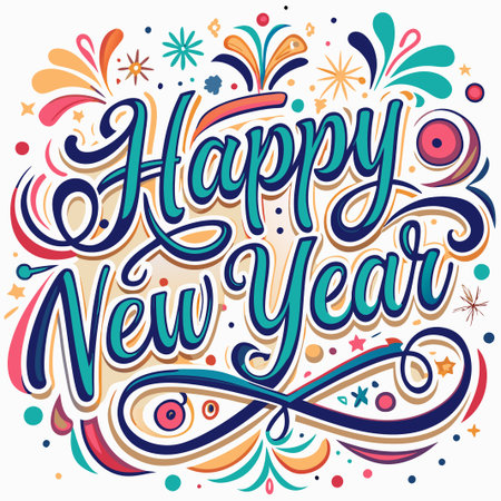 Colorful "Happy New Year" lettering with festive design elements. (1)の素材