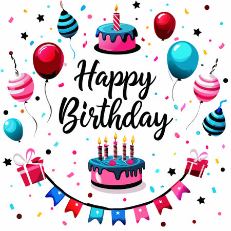 Happy Birthday celebration with cakes, balloons, and gifts.の素材