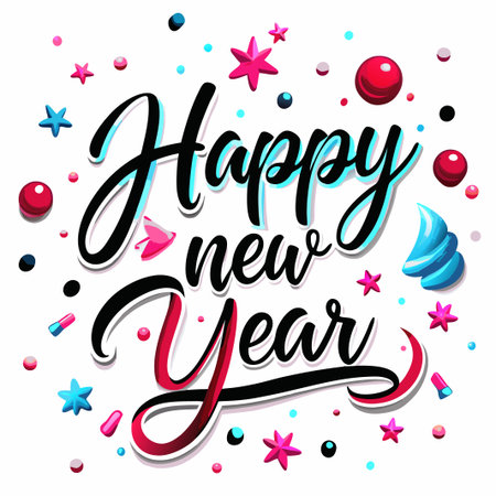 Happy New Year colorful lettering with sprinkles and stars.の素材