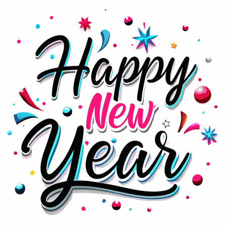 Festive "Happy New Year" text with colorful confetti.の素材