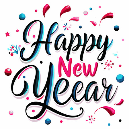 Colorful &quot;Happy New Year&quot; lettering with festive confetti.の素材