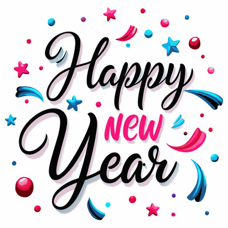 Happy New Year festive design with colorful confetti and stars.の素材