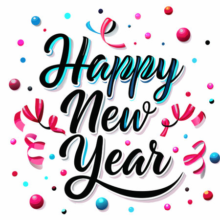 Happy New Year text with colorful confetti.の素材