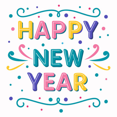 Colorful &quot;Happy New Year&quot; text with swirls and confetti. (1)の素材