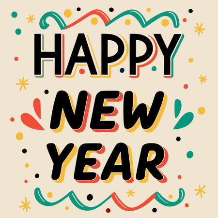 Happy New Year greeting card with colorful retro typography and playful design elements.の素材