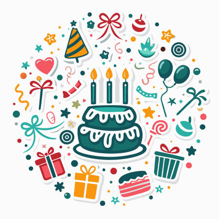 Festive birthday cake with gifts and decorations.の素材