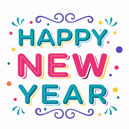 Colorful &quot;Happy New Year&quot; text design with swirls and confetti.の素材