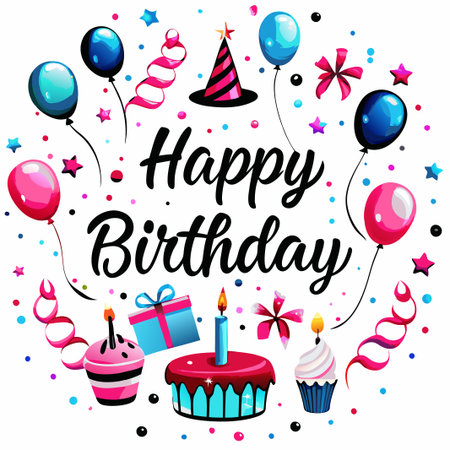 Happy birthday celebration with balloons, cake, and gifts.の素材