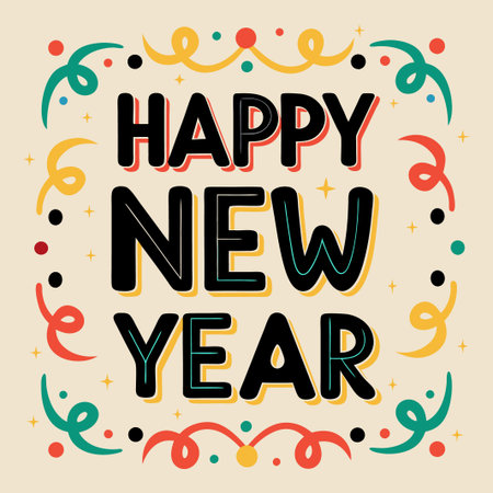 Happy New Year festive greeting card design with colorful confetti.の素材