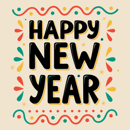 Festive Happy New Year text art with colorful accents.の素材