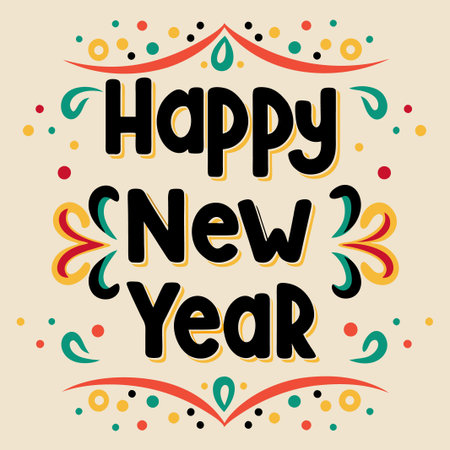 Festive Happy New Year greeting card with colorful ornaments.の素材