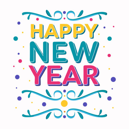 Colorful &quot;Happy New Year&quot; text with decorative elements.の素材