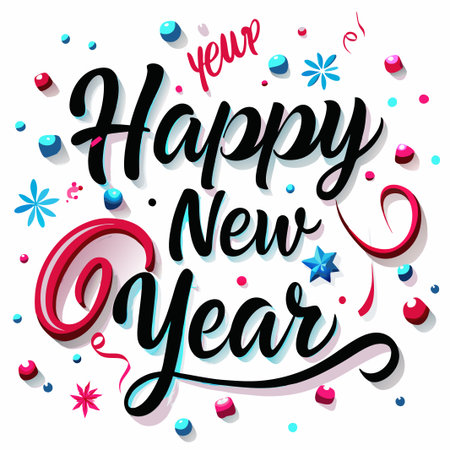 Happy New Year festive calligraphy design with confetti.の素材