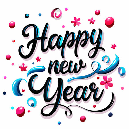 Happy New Year calligraphy design with colorful swirls and confetti.の素材