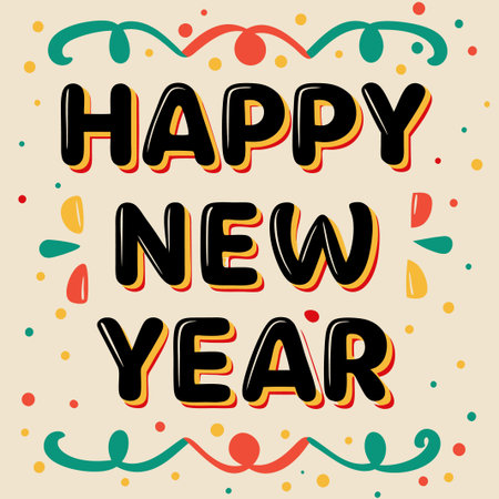 Happy New Year greeting card with colorful decorations.の素材