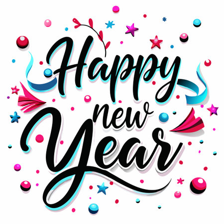 Happy New Year festive calligraphy design with colorful confetti.の素材