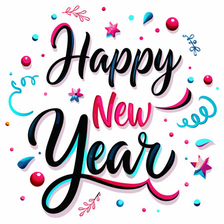 Colorful &quot;Happy New Year&quot; calligraphy with confetti. (1)の素材