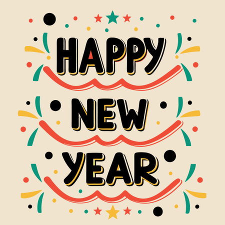 Festive Happy New Year greeting card design with colorful fireworks and confetti.の素材