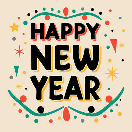 Happy New Year greeting card with colorful retro design.の素材