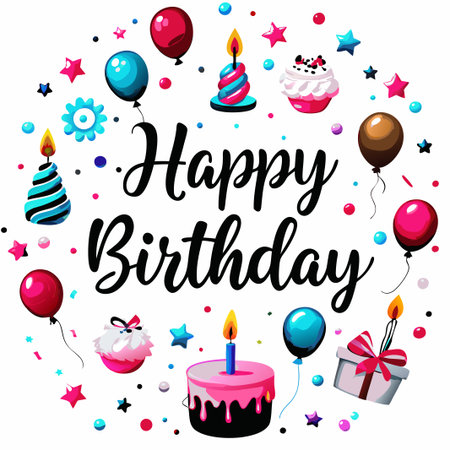 Festive Happy Birthday card with cake, balloons, and gifts.の素材