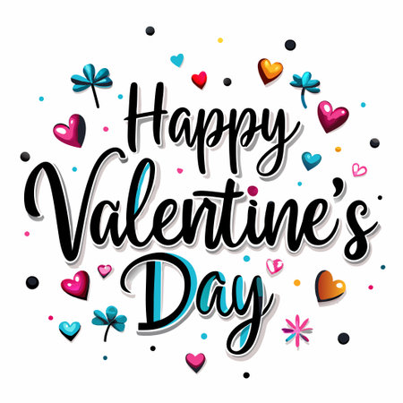 Colorful Happy Valentine&#39;s Day greeting with hearts and flowers. (3)の素材