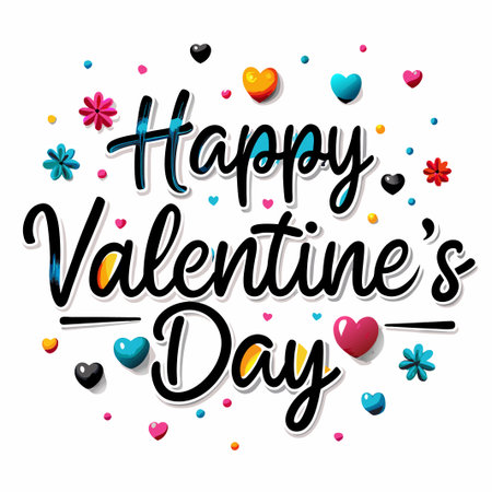 Colorful &quot;Happy Valentine&#39;s Day&quot; text with hearts and flowers.の素材