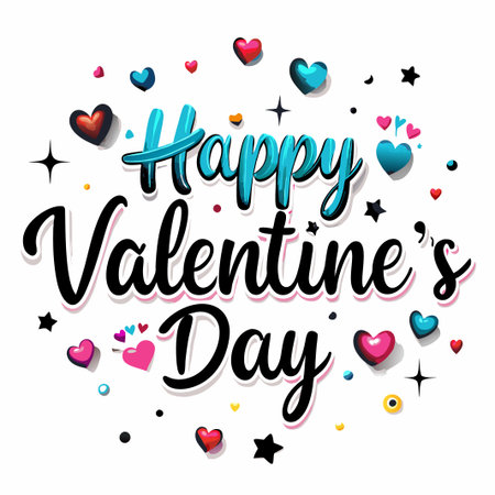 Happy Valentine&#39;s Day greeting with colorful hearts and stars.の素材