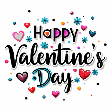 Colorful Happy Valentine&#39;s Day greeting with hearts and flowers. (2)の素材