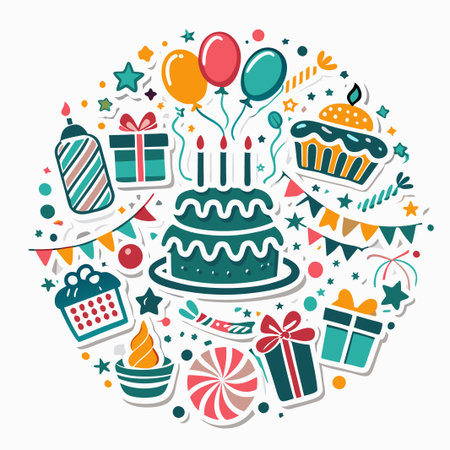 Festive birthday party elements in a circle.の素材