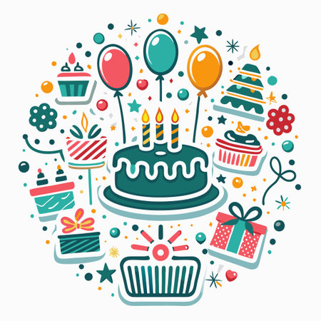 Festive birthday party celebration with cake, sweets, gifts, and balloons.の素材